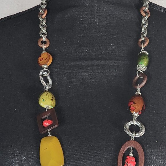 Chico's Vtg Red Green Earth Tone Mix Media Wood Metal Circle Square 38" Necklace - Picture 3 of 16